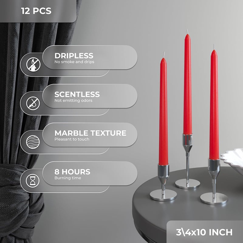 CANDWAX 10 inch Red Taper Candles Set of 12 - Dripless and Long Burning Red Candlesticks - Perfect as Christmas Candlesticks for Dinner or Holiday Home Decor - Christmas Candle Sticks - Image 3